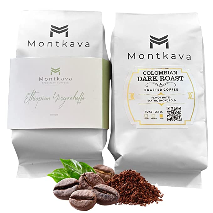 Montkava Whole Bean Coffee Gold Label Colombian Dark Roast Coffee and Specialty Ethiopian Coffee 2Pk 0.55 lb each