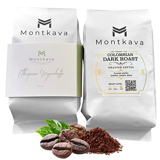 Montkava Whole Bean Coffee Gold Label Colombian Dark Roast Coffee and Specialty Ethiopian Coffee 2Pk 0.55 lb each