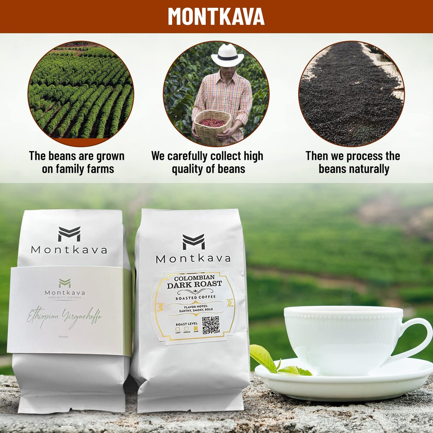 Montkava Whole Bean Coffee Gold Label Colombian Dark Roast Coffee and Specialty Ethiopian Coffee 2Pk 0.55 lb each