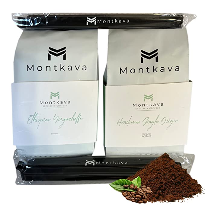 Montkava Specialty Coffee 2-Pack- Ethically Sourced Coffee from Honduras and Ethiopia- Medium Roast Whole Bean Coffee of Ethiopian Yirgacheffe and Honduran Single Origin- 250g per bag- Comes with 2 bag clips