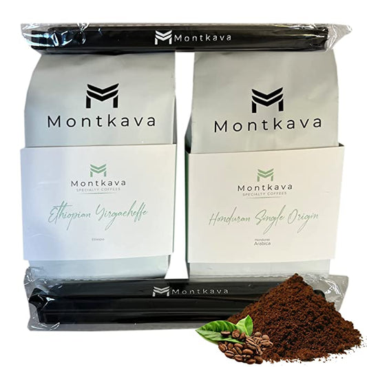 Montkava Specialty Coffee 2-Pack- Ethically Sourced Coffee from Honduras and Ethiopia- Medium Roast Whole Bean Coffee of Ethiopian Yirgacheffe and Honduran Single Origin- 250g per bag- Comes with 2 bag clips