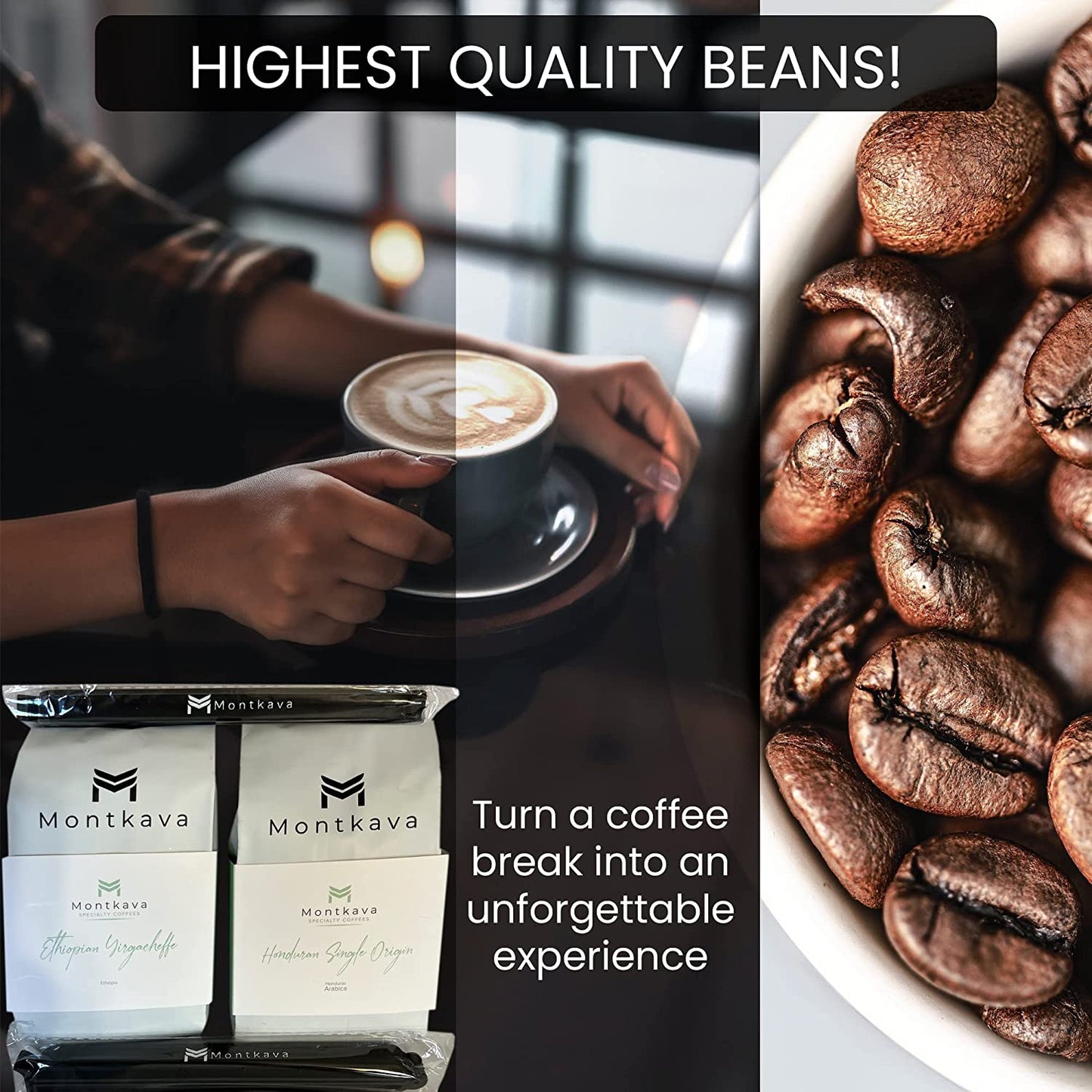 Montkava Specialty Coffee 2-Pack- Ethically Sourced Coffee from Honduras and Ethiopia- Medium Roast Whole Bean Coffee of Ethiopian Yirgacheffe and Honduran Single Origin- 250g per bag- Comes with 2 bag clips